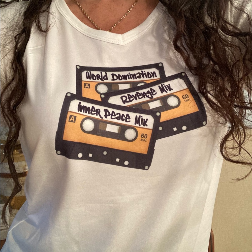 Retro Mixtape Mania White Tee: World Domination, Inner Peace, and Revenge - Picture 1 of 6
